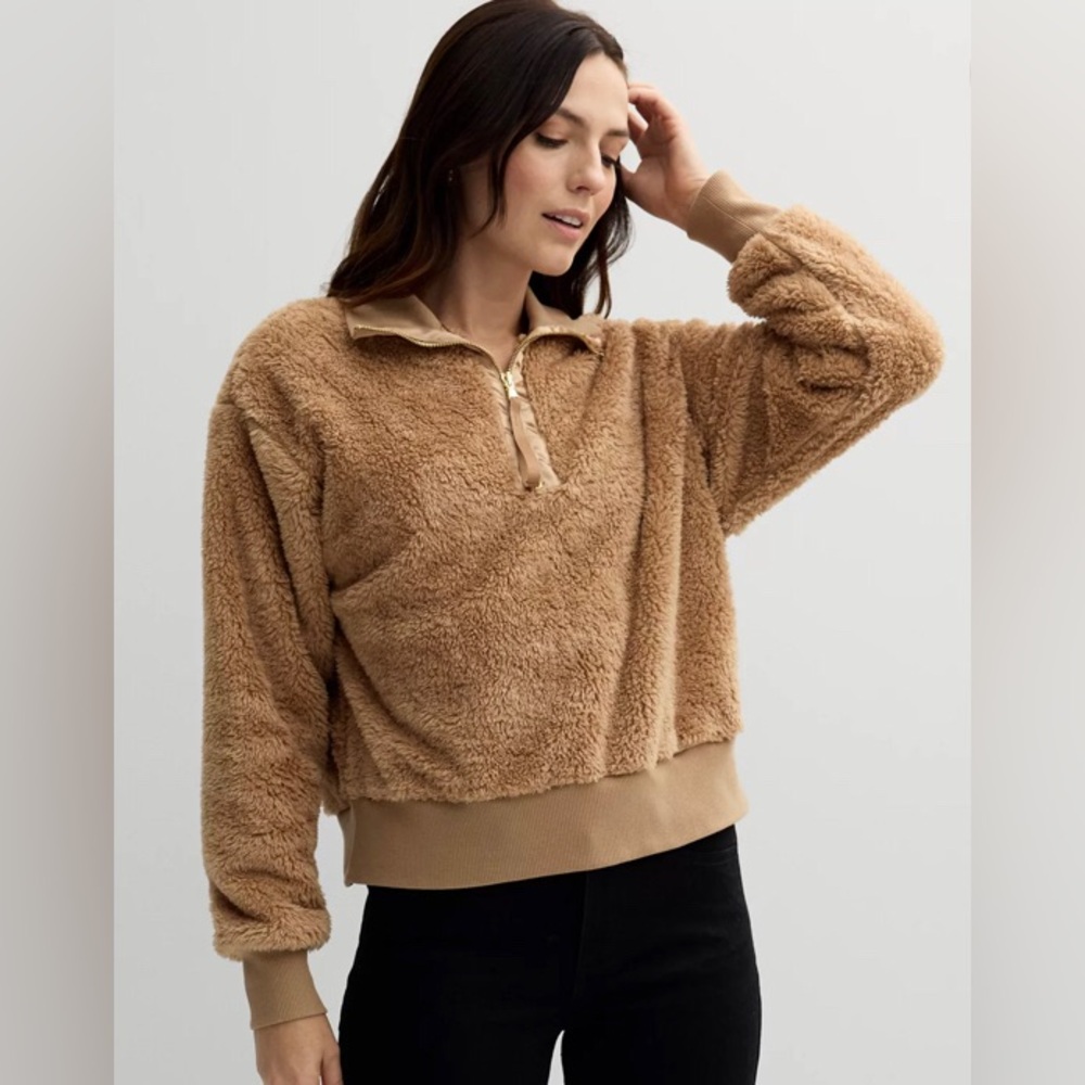 Sonoma Women's XXL Pullover Tan Cozy Quarter‎ Zip Teddy Fleece